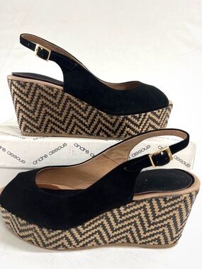 Andre Assous Black Suede Slingback Wedge Sandals with Woven Platform Spain